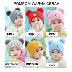 Topi Rajut Bayi Bahan Wol Hangat Lembut dengan Hiasan Bola Pom-pom