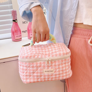 Tas Kosmetik Aesthetic Cute Plaid Pastel Beauty Case Multi Fungsi Travel Bag Make up Organizer