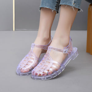 Sandal Jelly Flat Hollow Ukuran Dewasa Warna Glitter & Glossy Hollow Shoes Import